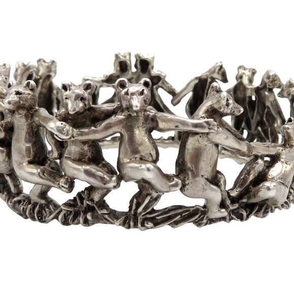 Vintage Jane Voorhees Chunky Sterling Silver Dancing Bears Crown Bangle Bracelet - Picture 9 of 10